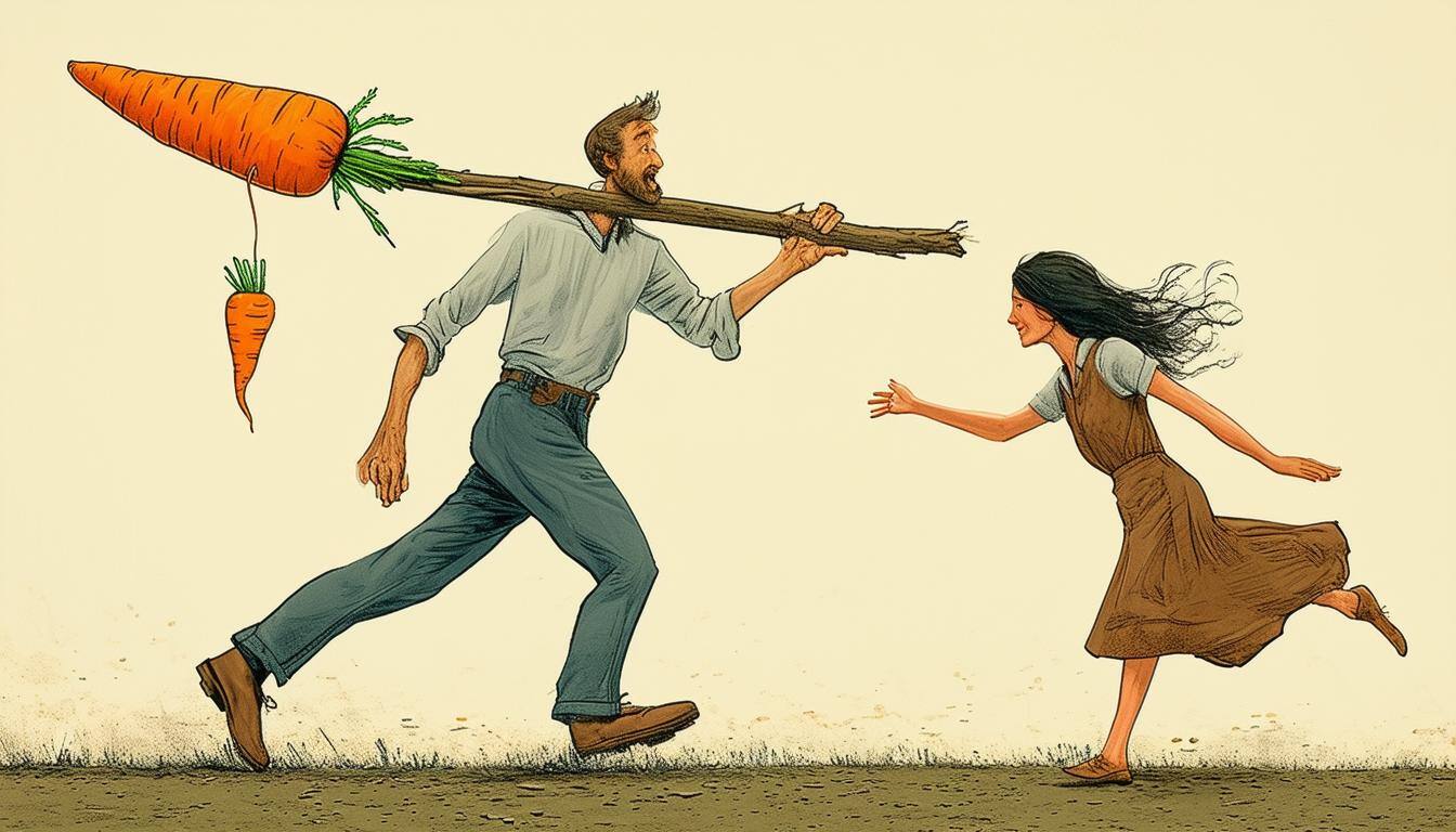 A stick carried by a man has a carrot dangling from it